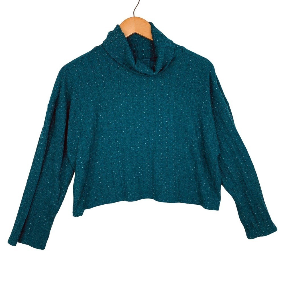 Modcloth Teal with Multicolor Knit Cropped Long Sleeve Turtle Neck Size Medium